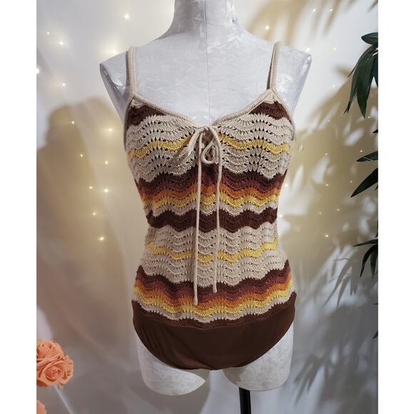 New Look Tops - Vtg New Look Y2K Crochet Knit Zig Zag Lace Up Tank Bodysuit Size L Boho Festival